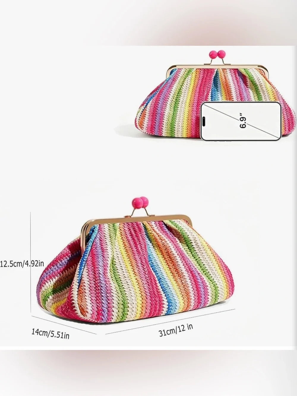 Striped Rainbow Knit Clutch with Pink Kiss-Lock